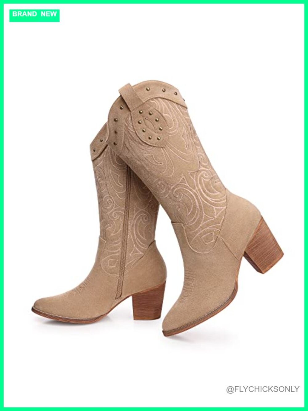 Women's Mid Calf Cowboy Boots Faux Suede Western Boots Chunky Heel